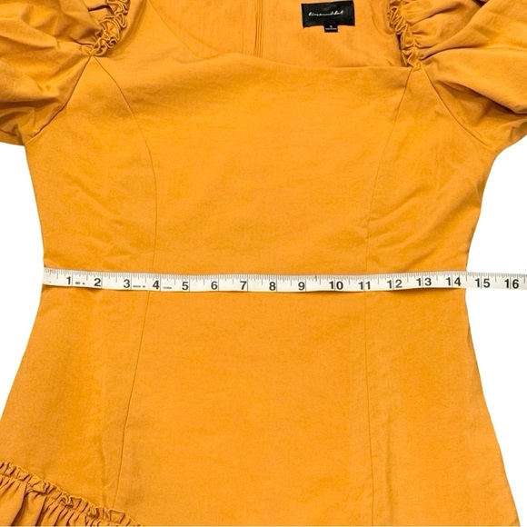 Marigold Line & Dot Ruffle Asymmetrical Puff Sleeve Yoko Mini Dress Size Small - Picture 13 of 15